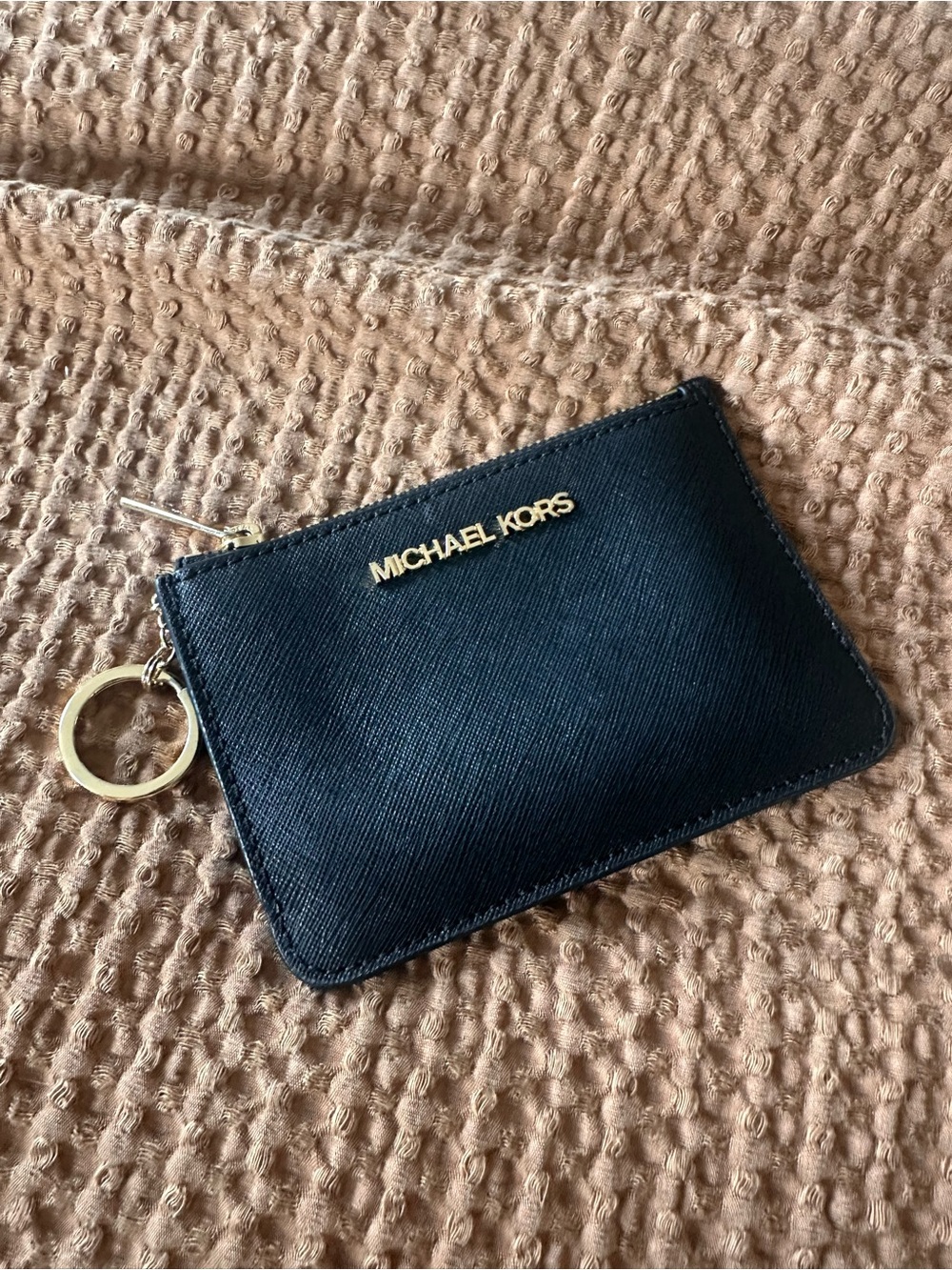 Michael Kors Black Saffiano Leather Zip Card Holder with Gold Key Ring